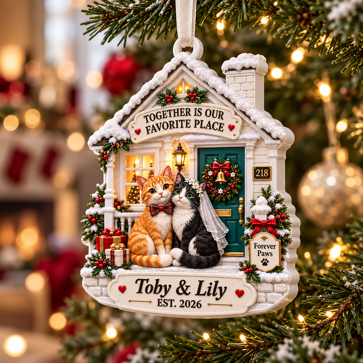 Cat Couple Winter Cottage Holiday Keepsake Plaque - 3D Relief Ornament