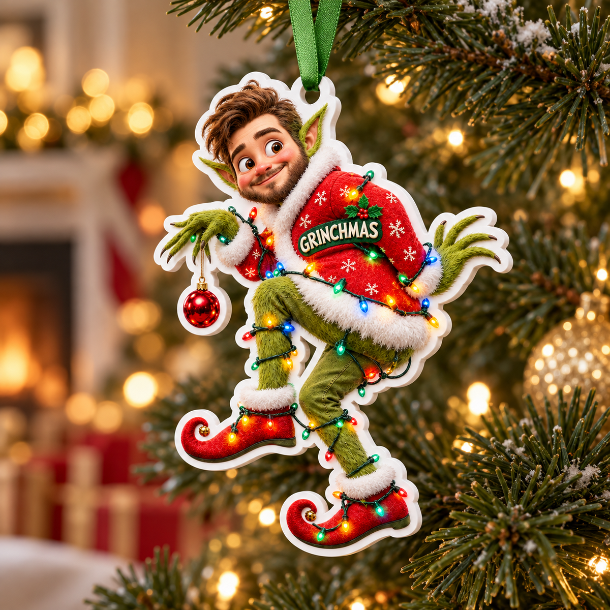 Stealthy Green Elf in Santa Coat with Christmas Lights Hanging Acrylic Bauble - 3D Relief Ornament