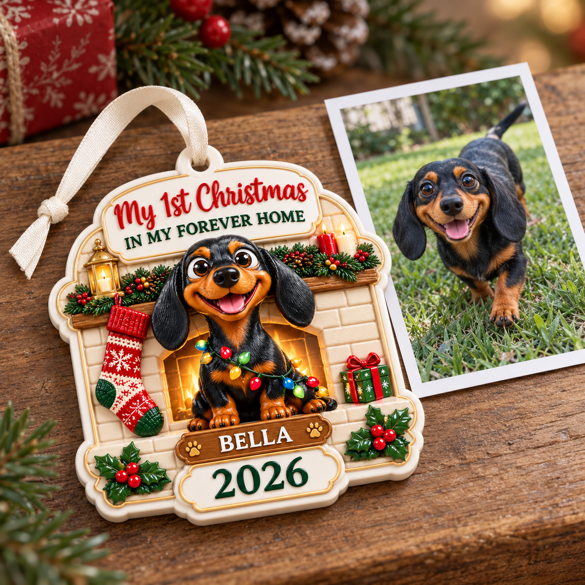 Dachshund Puppy by Fireplace First Christmas Dog Tag Keepsake - 3D Relief Ornament
