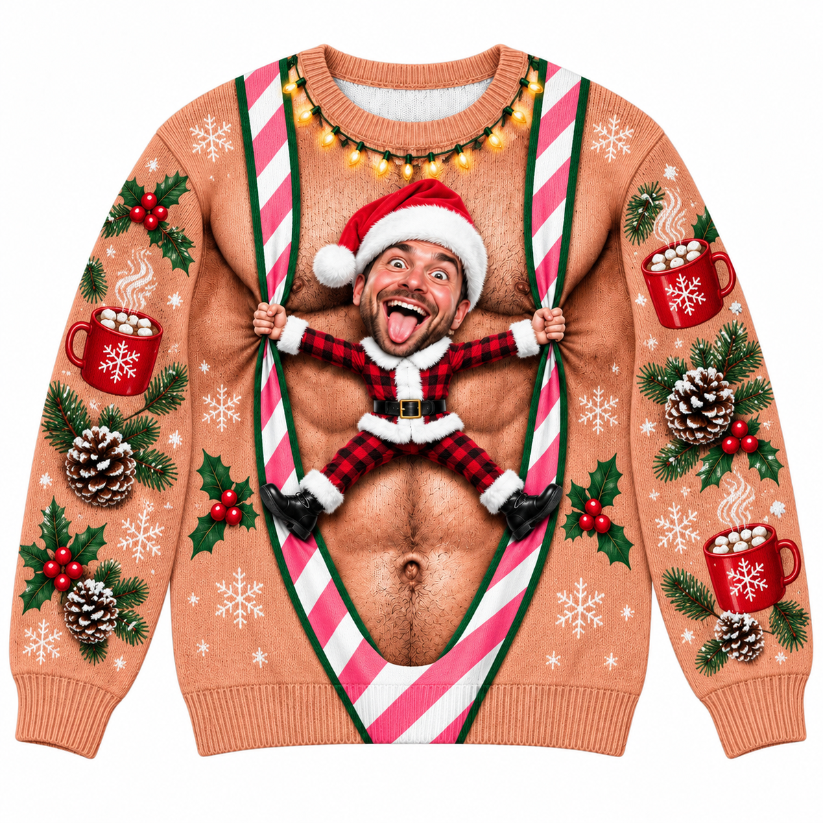 Ugly Christmas Sweatshirt Faux Hairy Chest Candy Cane Suspenders
