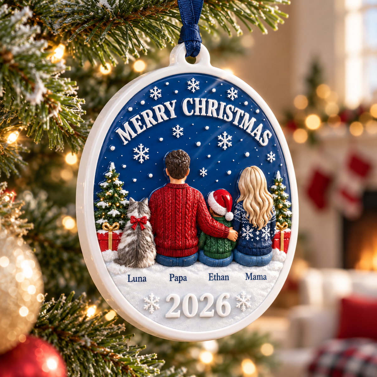 Family and Cat Christmas Hanging Medallion, Oval Blue Winter Sky Holiday Decor - 3D Relief Ornament