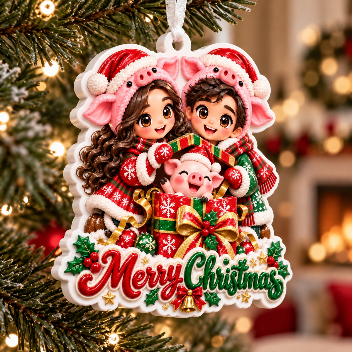 Pig Hat Couple with Piglet Gift Box Merry Christmas Acrylic Tree Hanging - 3D Relief Ornament