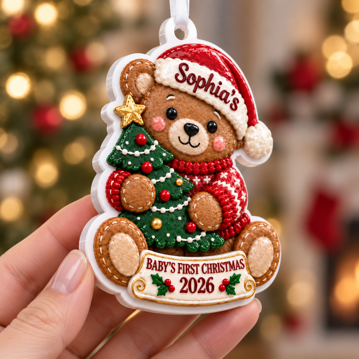 Baby's First Christmas Teddy Bear with Tree Hanging Holiday Keepsake - 3D Relief Ornament