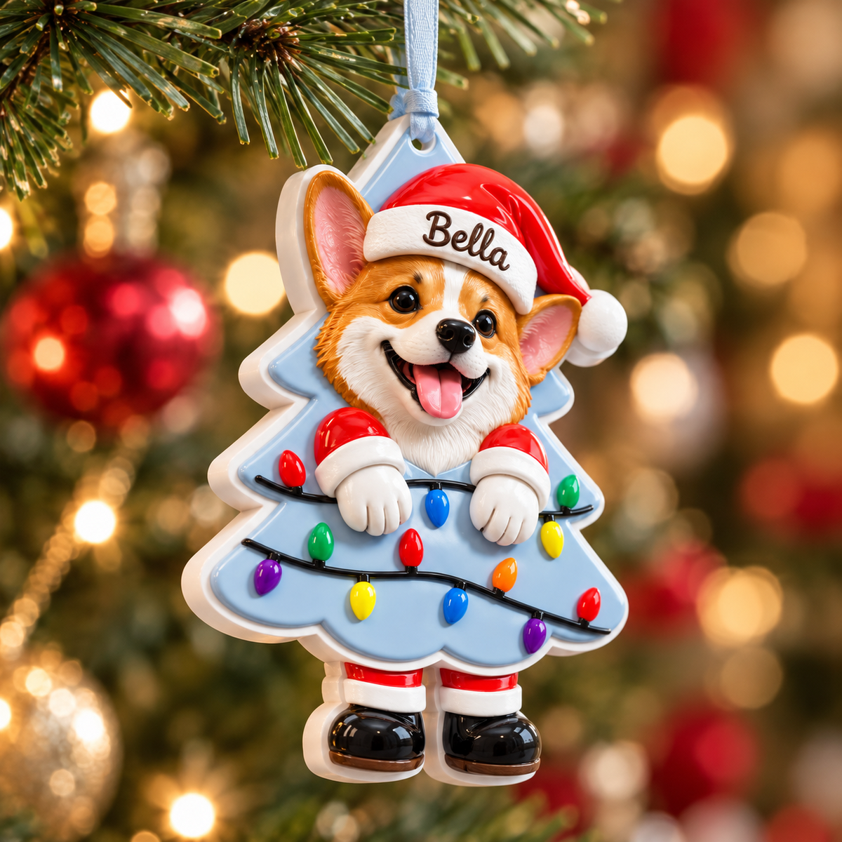 Pembroke Welsh Corgi Dog in Santa Hat Christmas Tree Holiday Hanging Decor - 3D Relief Ornament