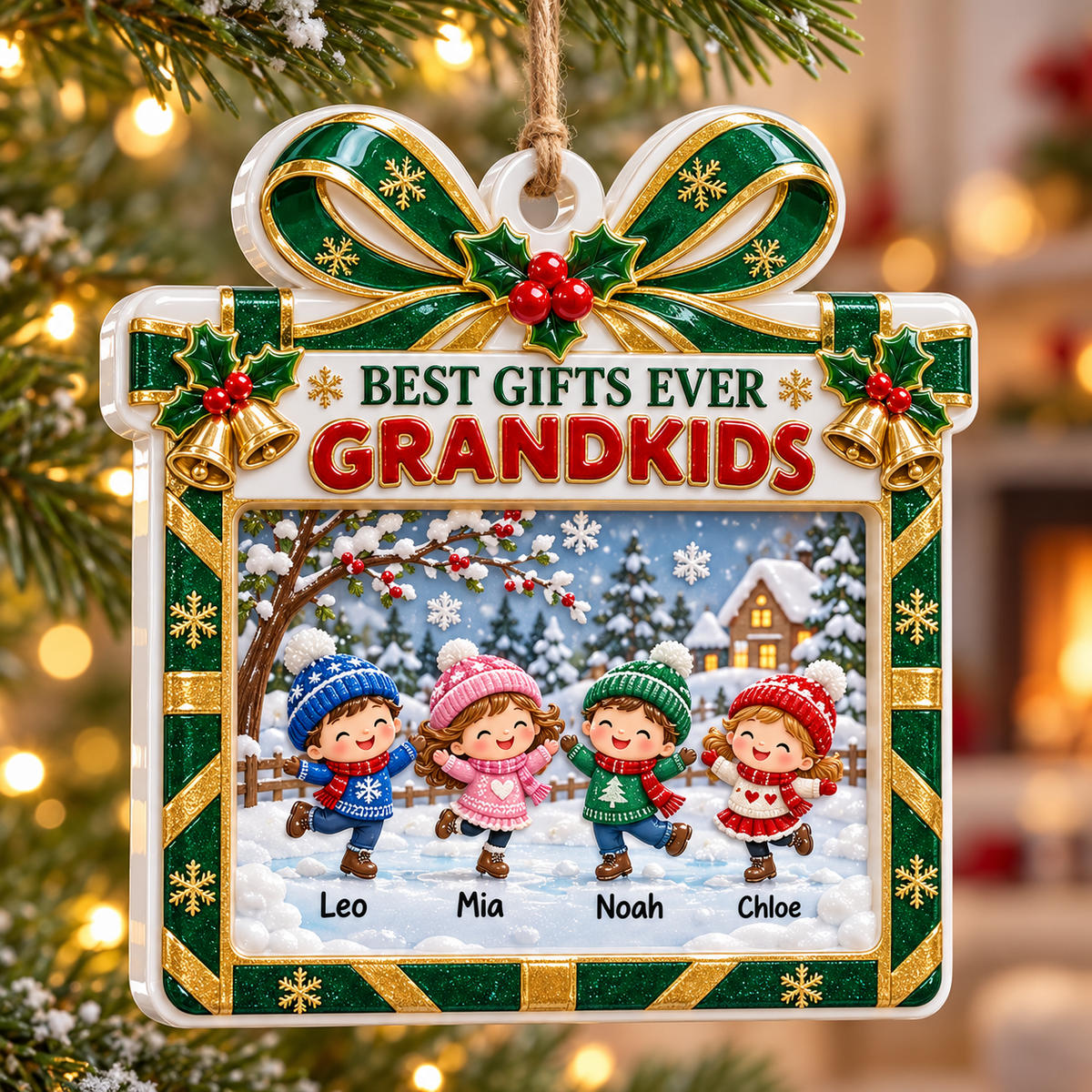 Grandkids Winter Skating Present Frame Holiday Keepsake - 3D Relief Ornament