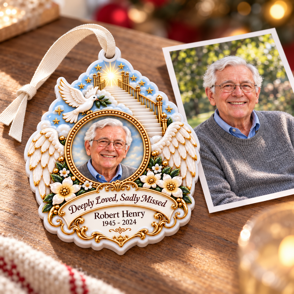 Memorial Stairway to Heaven Keepsake with Angel Wings and Dove - 3D Relief Ornament