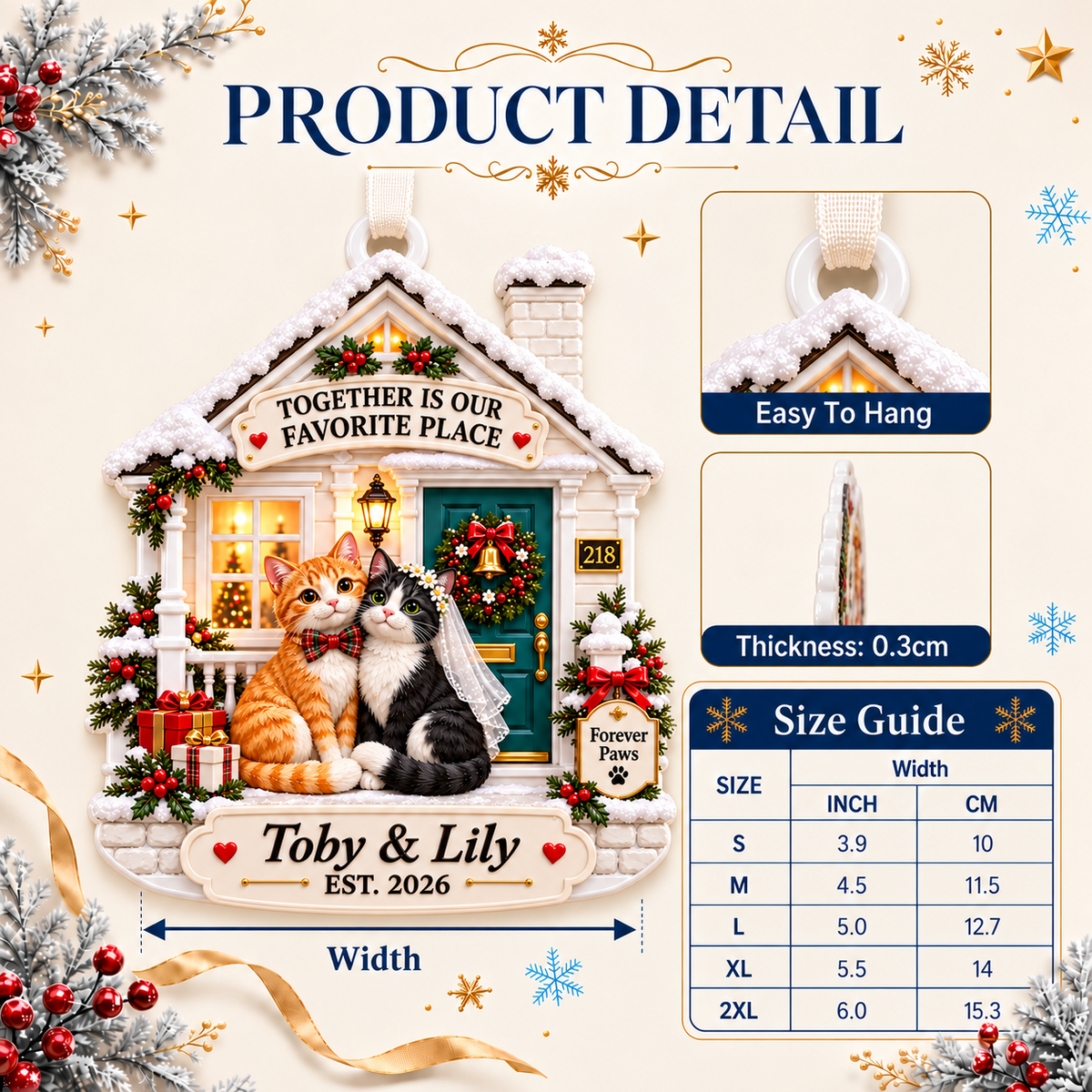 Cat Couple Winter Cottage Holiday Keepsake Plaque - 3D Relief Ornament