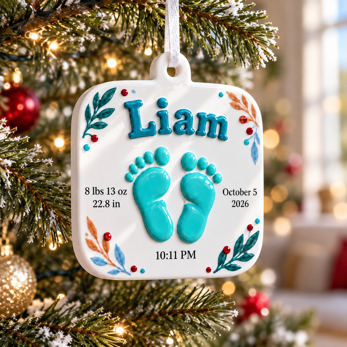 Baby Footprint Birth Stats Hanging Keepsake, Newborn White Holiday Plaque - 3D Relief Ornament