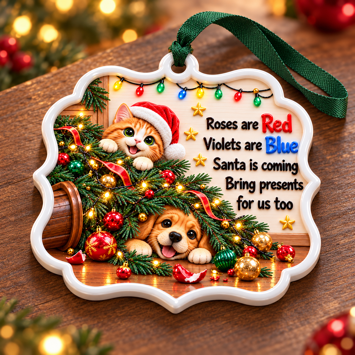 Holiday Pet Plaque Featuring Cat and Dog in Fallen Christmas Tree - 3D Relief Ornament