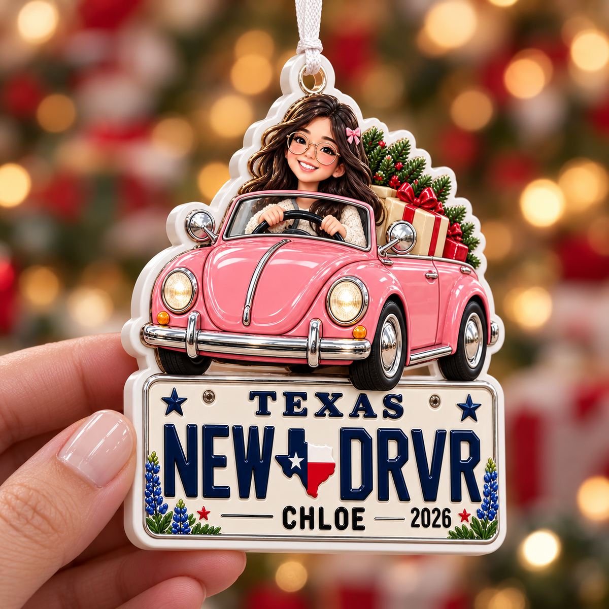Pink Vintage Car Texas License Plate Holiday Keepsake - 3D Relief Ornament