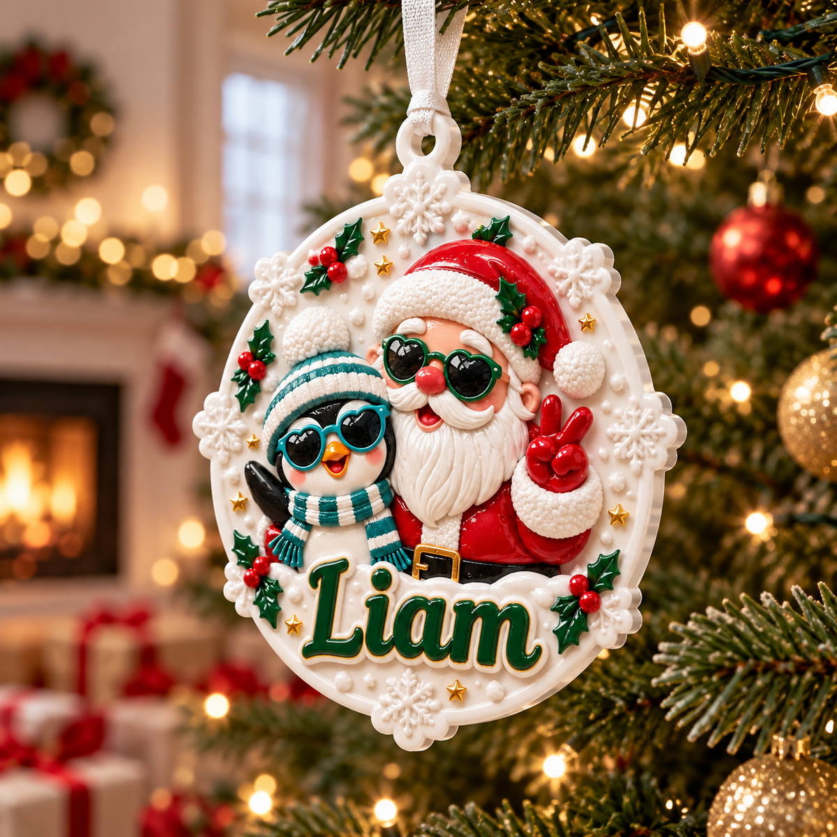 Santa Claus and Penguin Snowflake Holiday Medallion - 3D Relief Ornament
