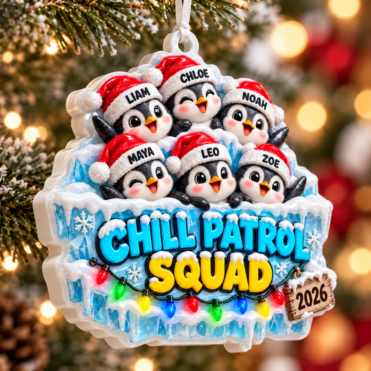Winter Penguin Family Chill Patrol Squad Hanging Acrylic Holiday Decor - 3D Relief Ornament