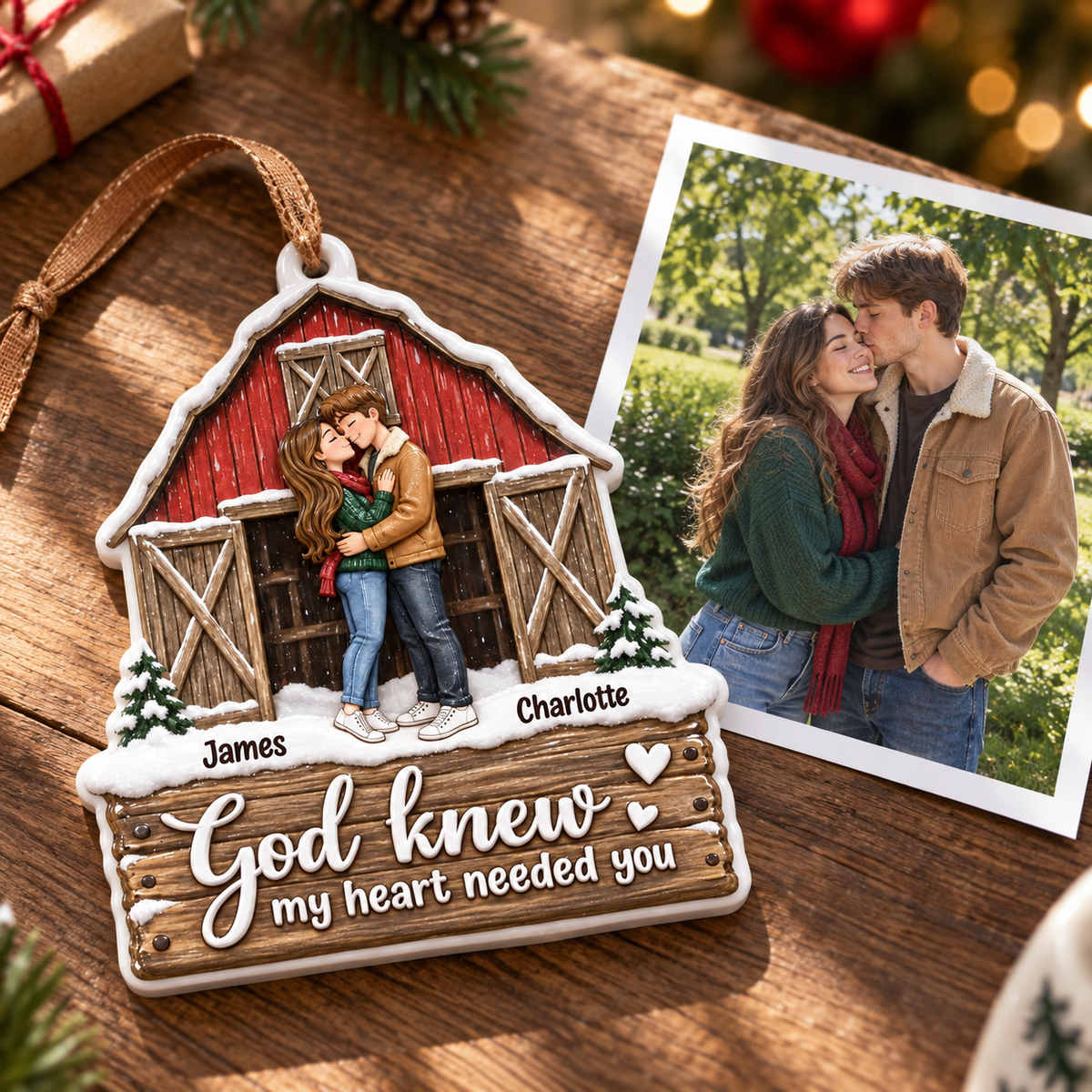 Couple Christmas Keepsake, Rustic Red Barn Farmhouse Holiday Hanging Decor - 3D Relief Ornament