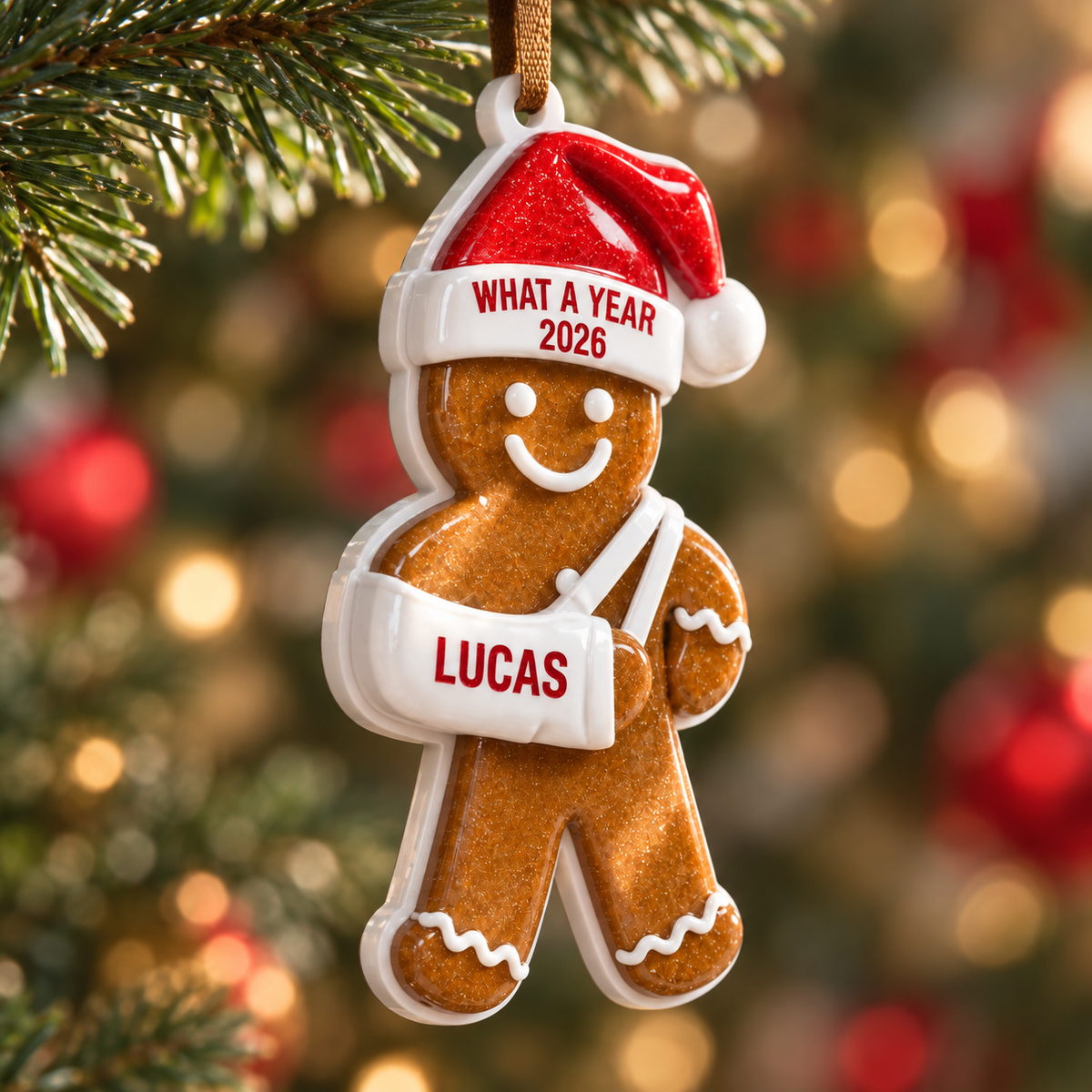 Gingerbread Man with Broken Arm Cast and Santa Hat Holiday Tree Decor - 3D Relief Ornament