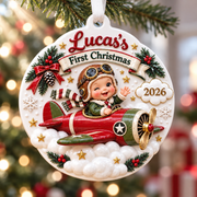 Baby First Christmas Aviator Pilot Red Airplane Holiday Tree Medallion - 3D Relief Ornament