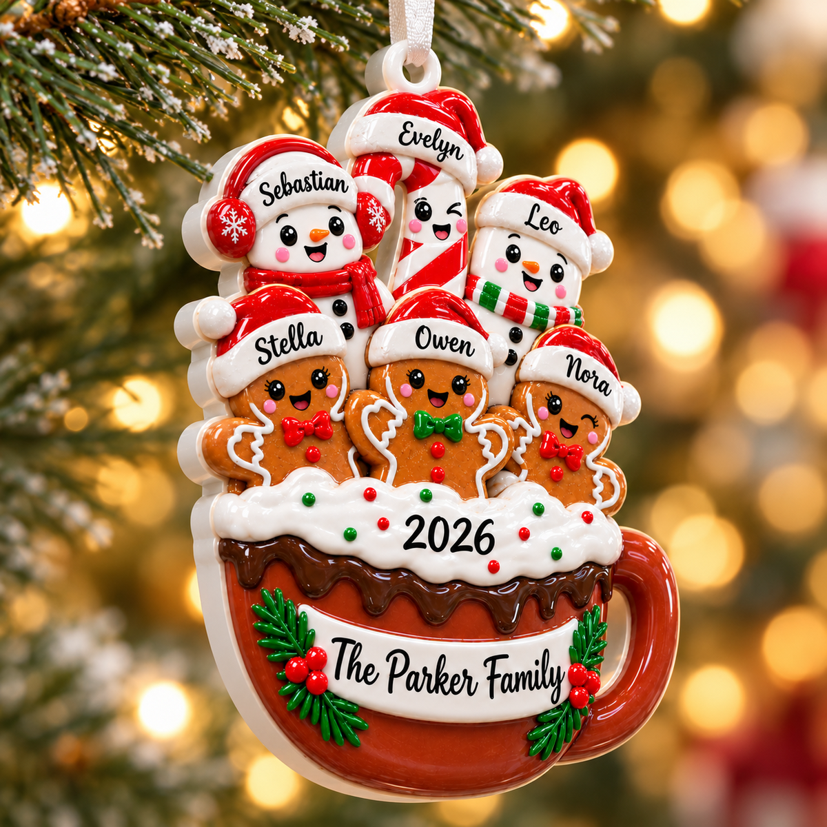 Hot Cocoa Mug Snowman and Gingerbread Family Holiday Tree Hanging Decor - 3D Relief Ornament