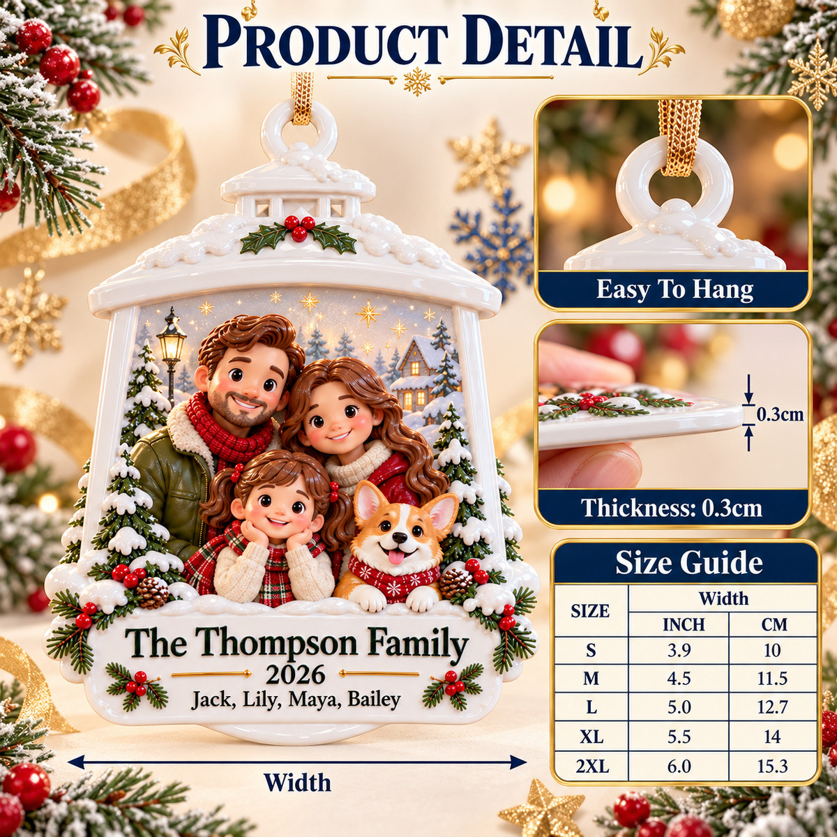 Winter Lantern Family and Dog Hanging Holiday Keepsake - 3D Relief Ornament
