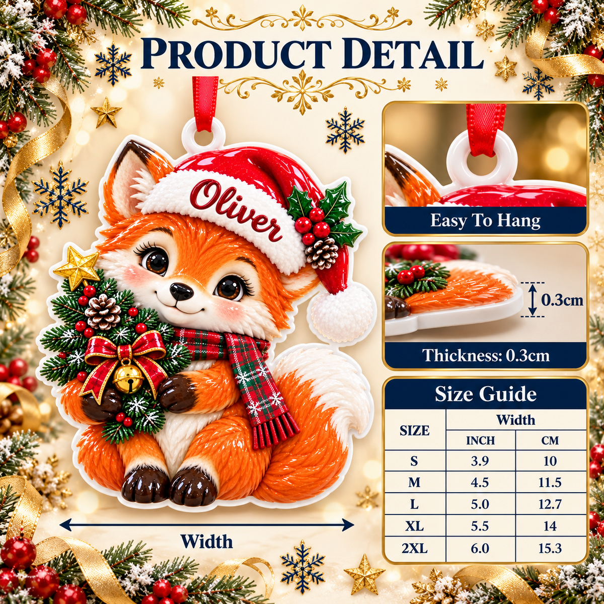 Christmas Woodland Fox with Santa Hat and Pine Tree Hanging Keepsake - 3D Relief Ornament
