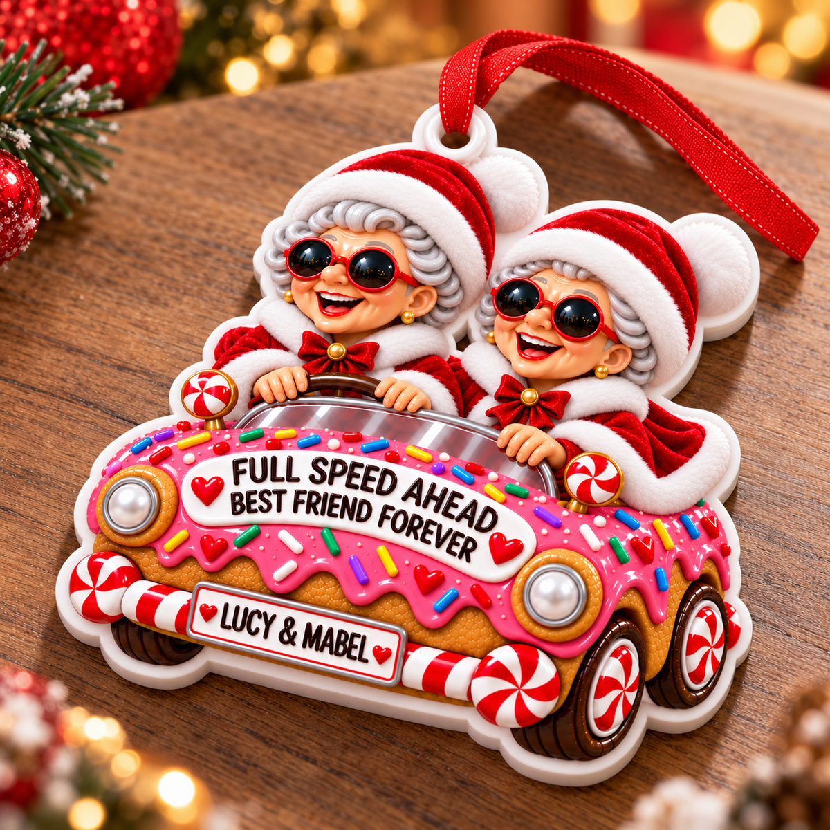 Old Ladies In Gingerbread Car Christmas Tree Hanging Decor - 3D Relief Ornament