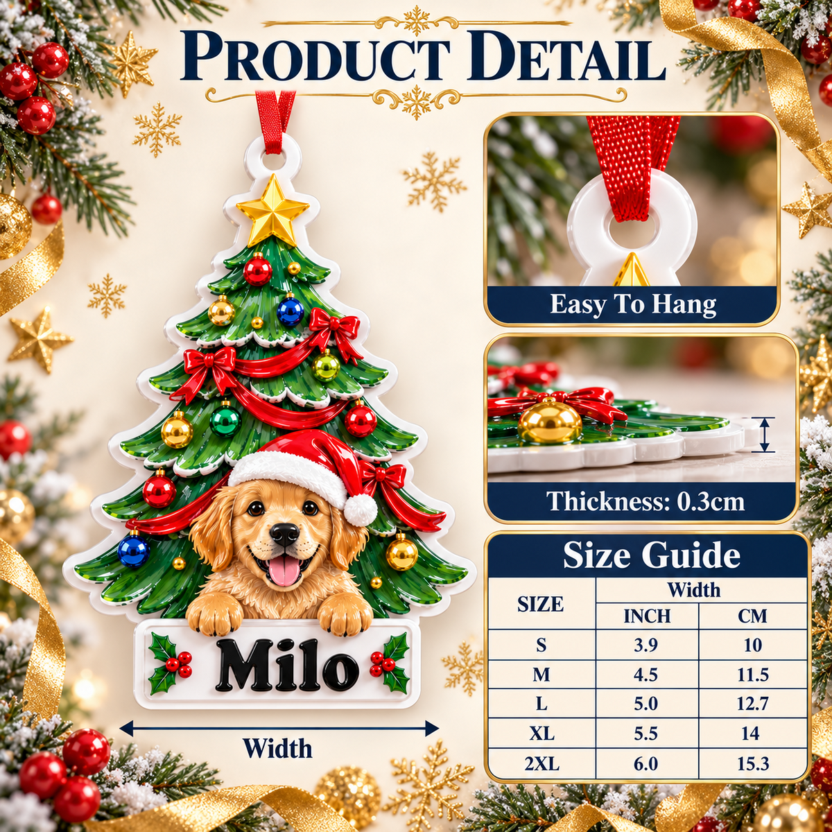 Golden Retriever Puppy Christmas Tree Hanging Holiday Decor - 3D Relief Ornament