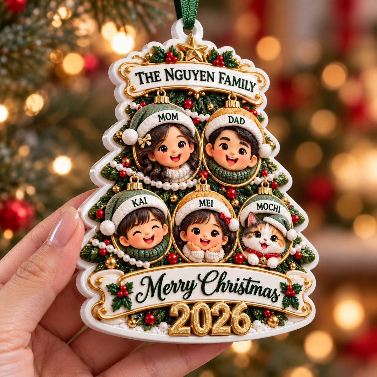 Christmas Tree Family of 5 with Pet Bauble Holiday Tree Hanging Keepsake - 3D Relief Ornament