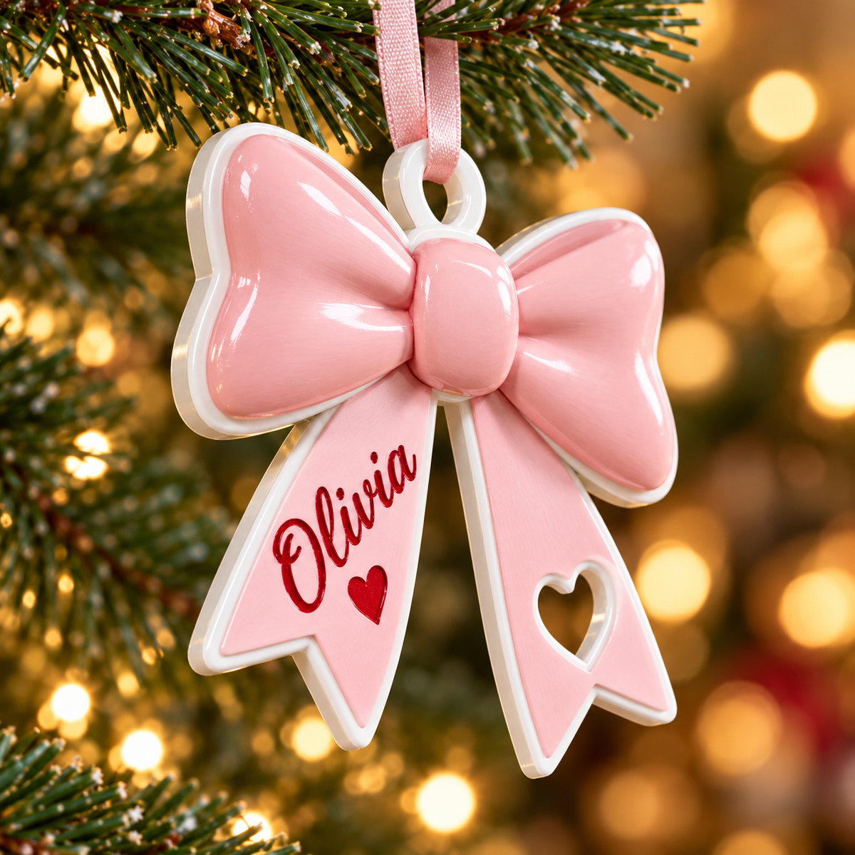 Coquette Pink Ribbon Bow Holiday Tree Keepsake with Heart Cutout - 3D Relief Ornament