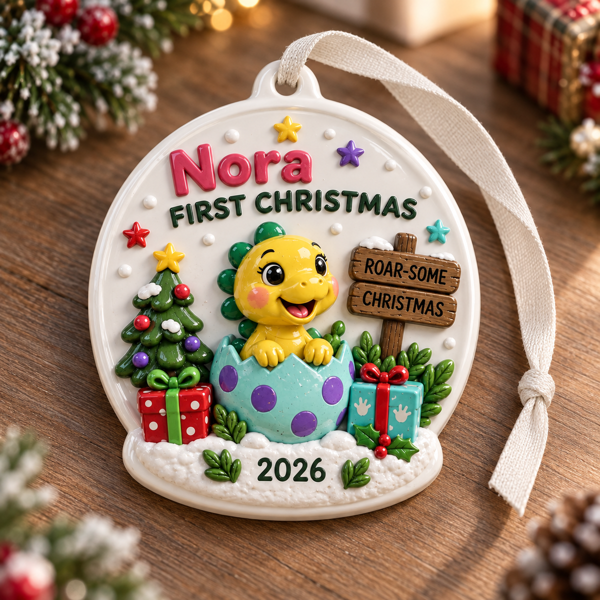 Baby Dinosaur Hatching Egg First Christmas Oval Holiday Keepsake - 3D Relief Ornament