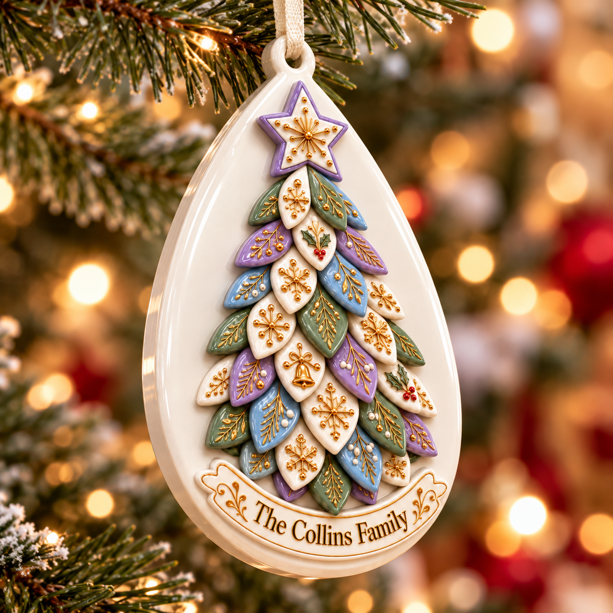Acrylic Teardrop Christmas Tree Plaque with Gold Leaf Details - 3D Relief Ornament