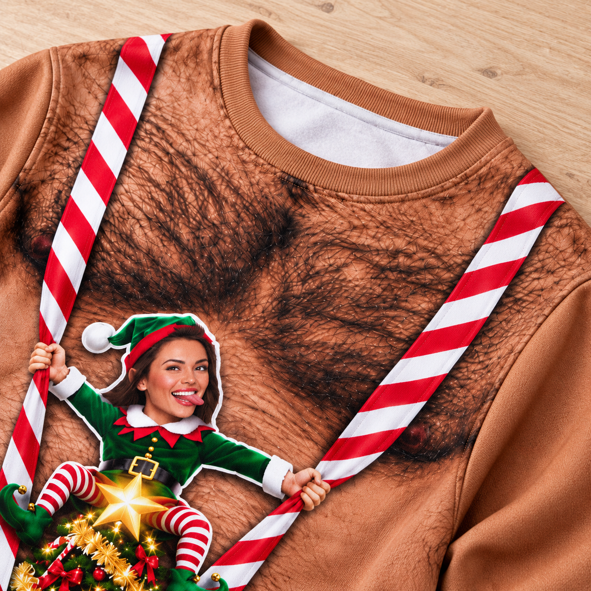Funny Christmas Sweatshirt, Hairy Chest Elf Graphic Holiday Pullover
