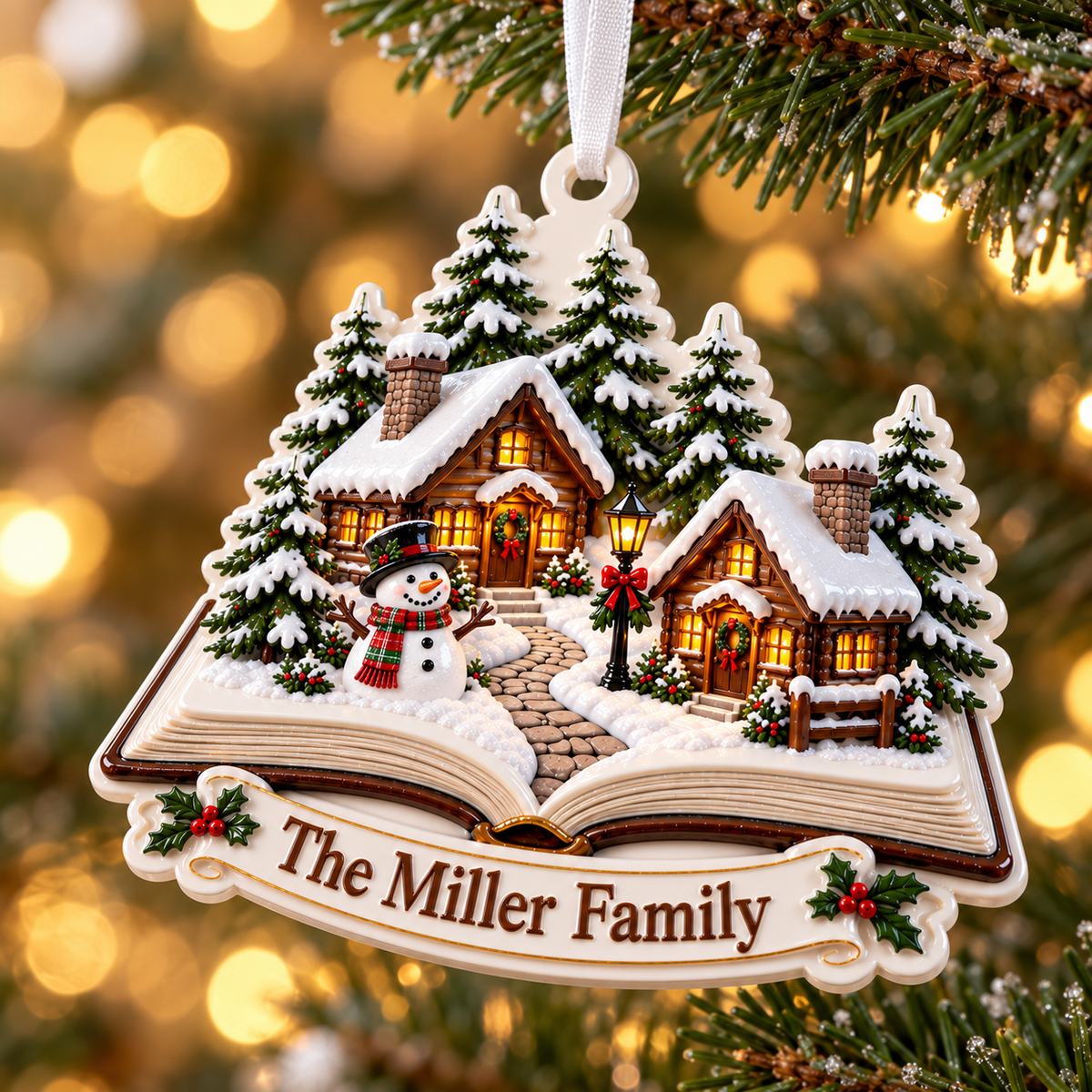 Storybook Winter Village Snowman Cabin Holiday Tree Decor - 3D Relief Ornament