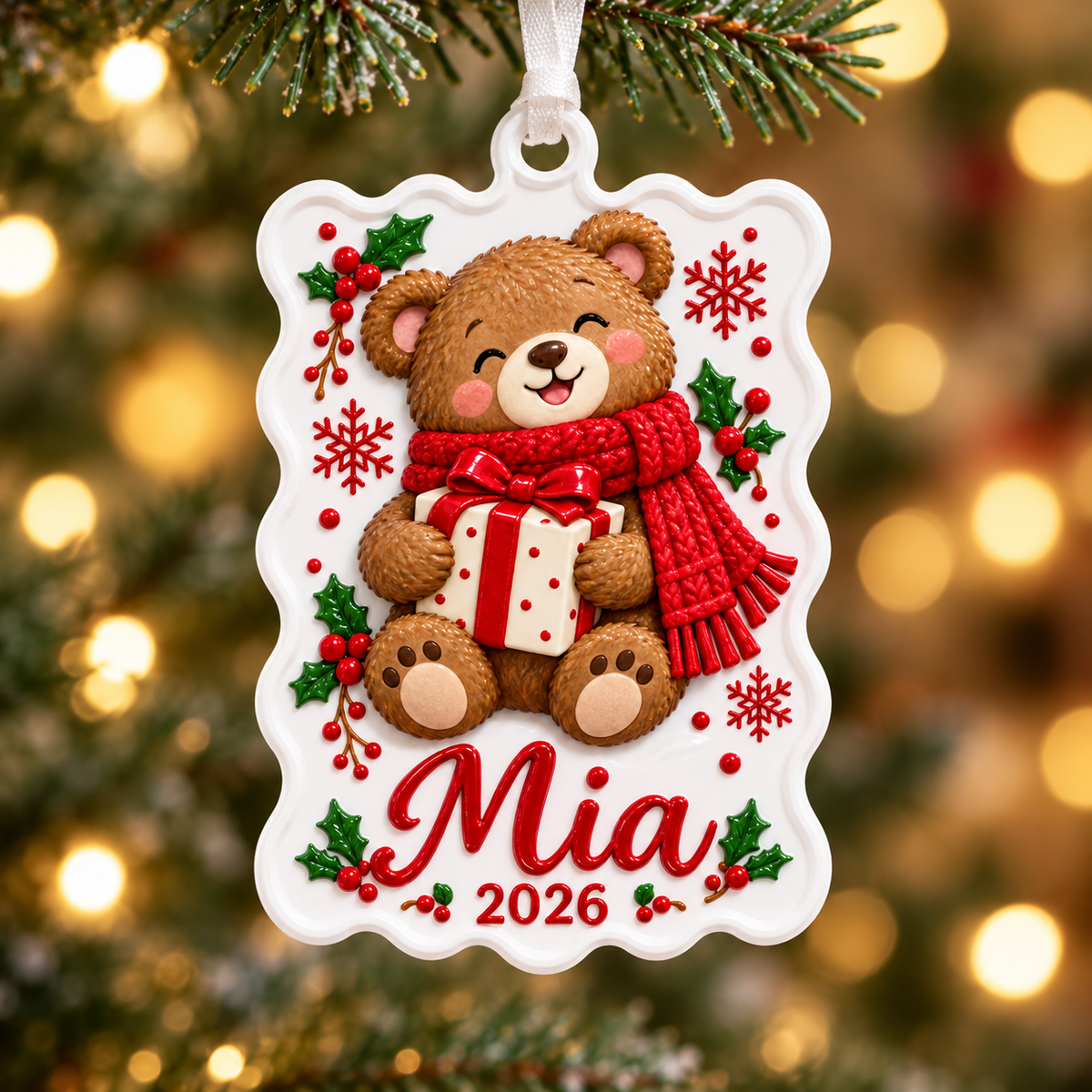 Christmas Teddy Bear with Gift Box Scalloped Holiday Keepsake - 3D Relief Ornament