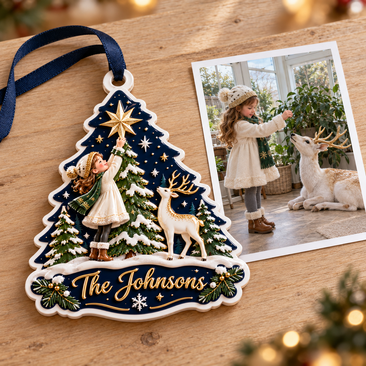 Winter Forest Girl and Deer Christmas Tree Plaque Holiday Keepsake - 3D Relief Ornament