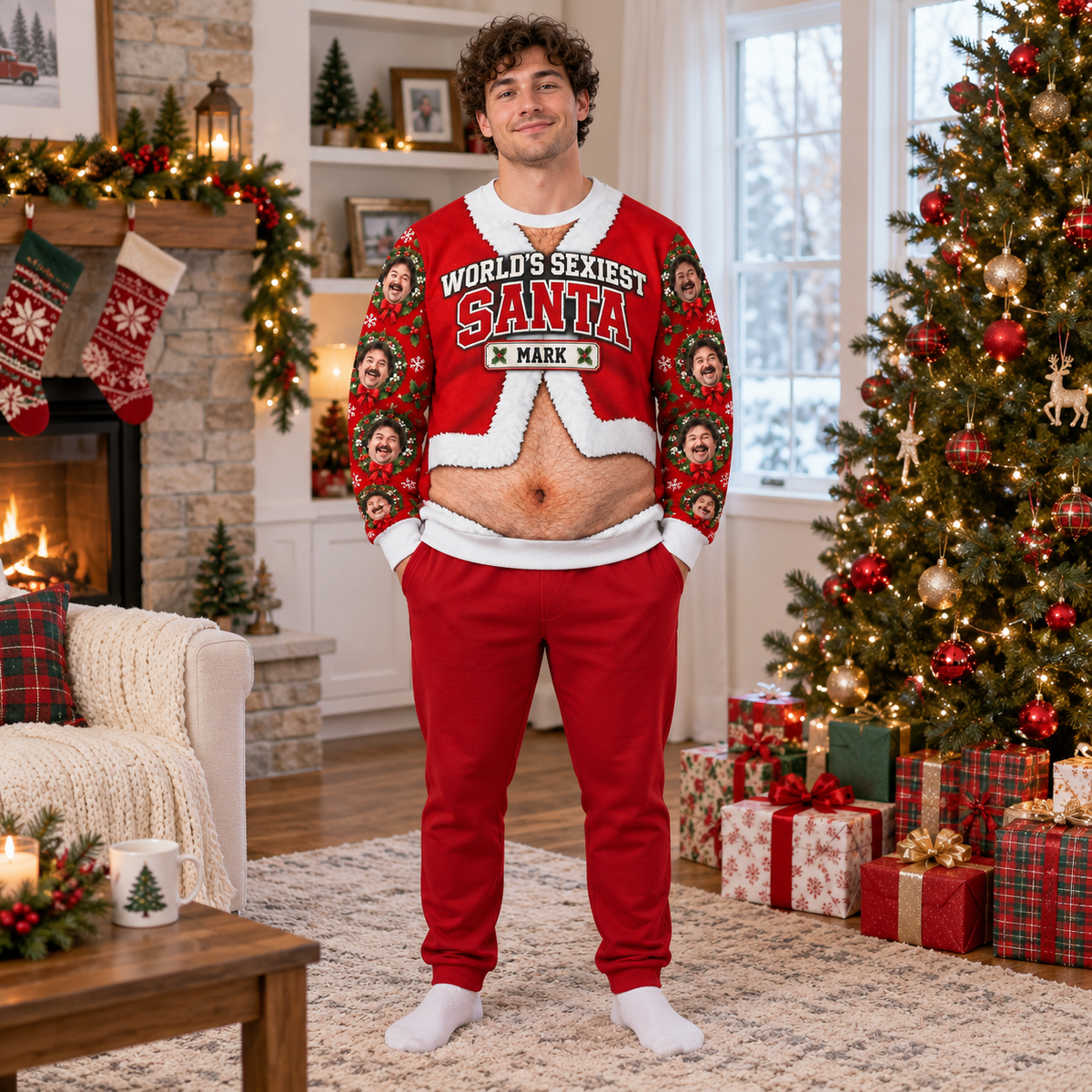 Funny Christmas Sweatshirt Hairy Belly Print Holiday Crewneck