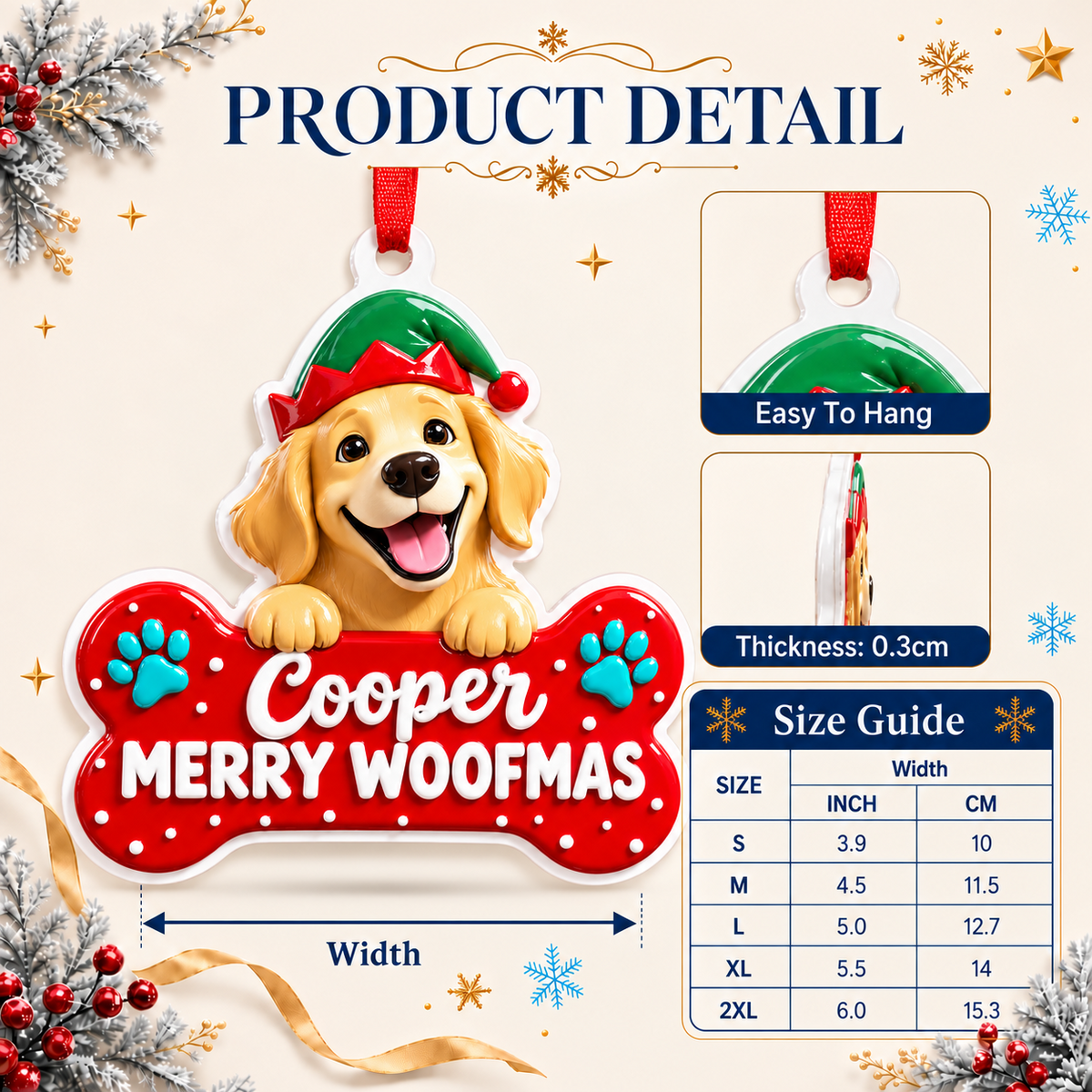 Golden Retriever Puppy Wearing Elf Hat Dog Bone Holiday Tree Decor - 3D Relief Ornament