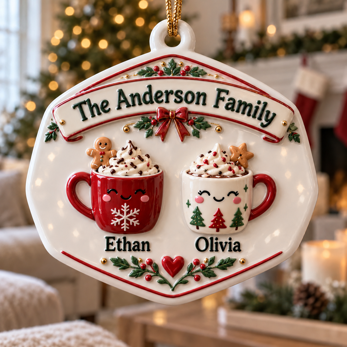 Family Hot Cocoa Mugs Ceramic Christmas Tree Holiday Keepsake Plaque - 3D Relief Ornament