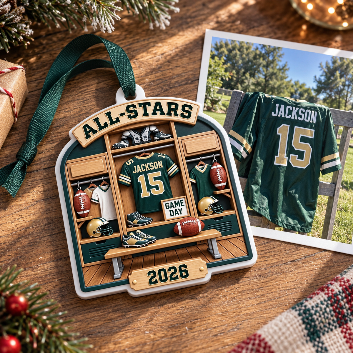 Football Locker Room Holiday Keepsake, Green and Gold Sports Gear Design - 3D Relief Ornament