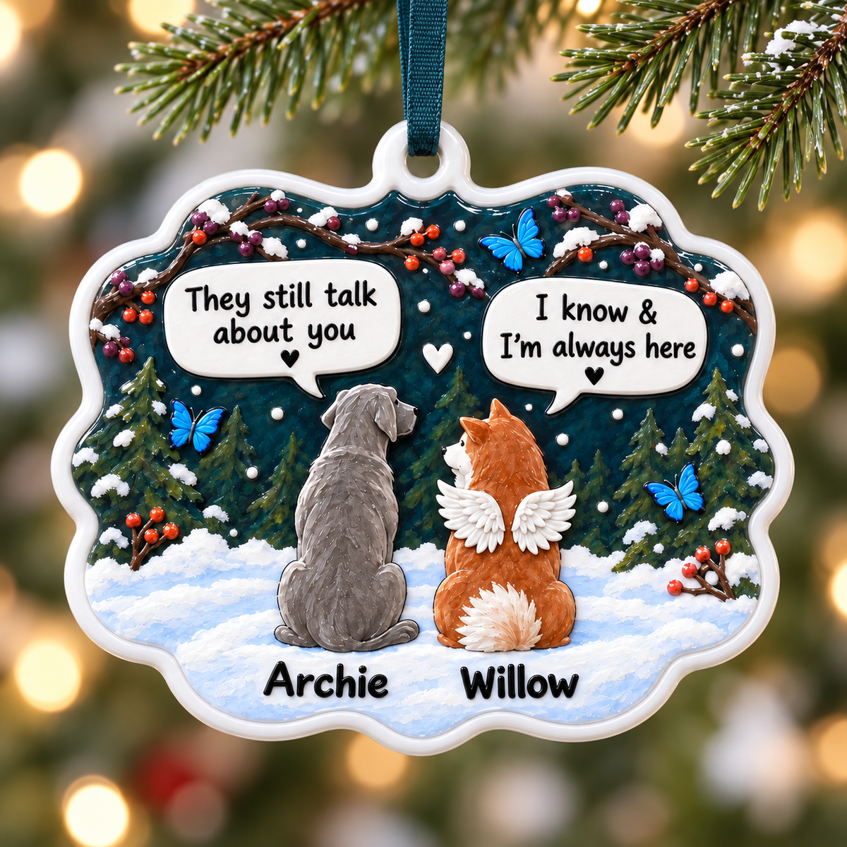 Dog Memorial Hanging Plaque with Angel Wings and Winter Forest - 3D Relief Ornament