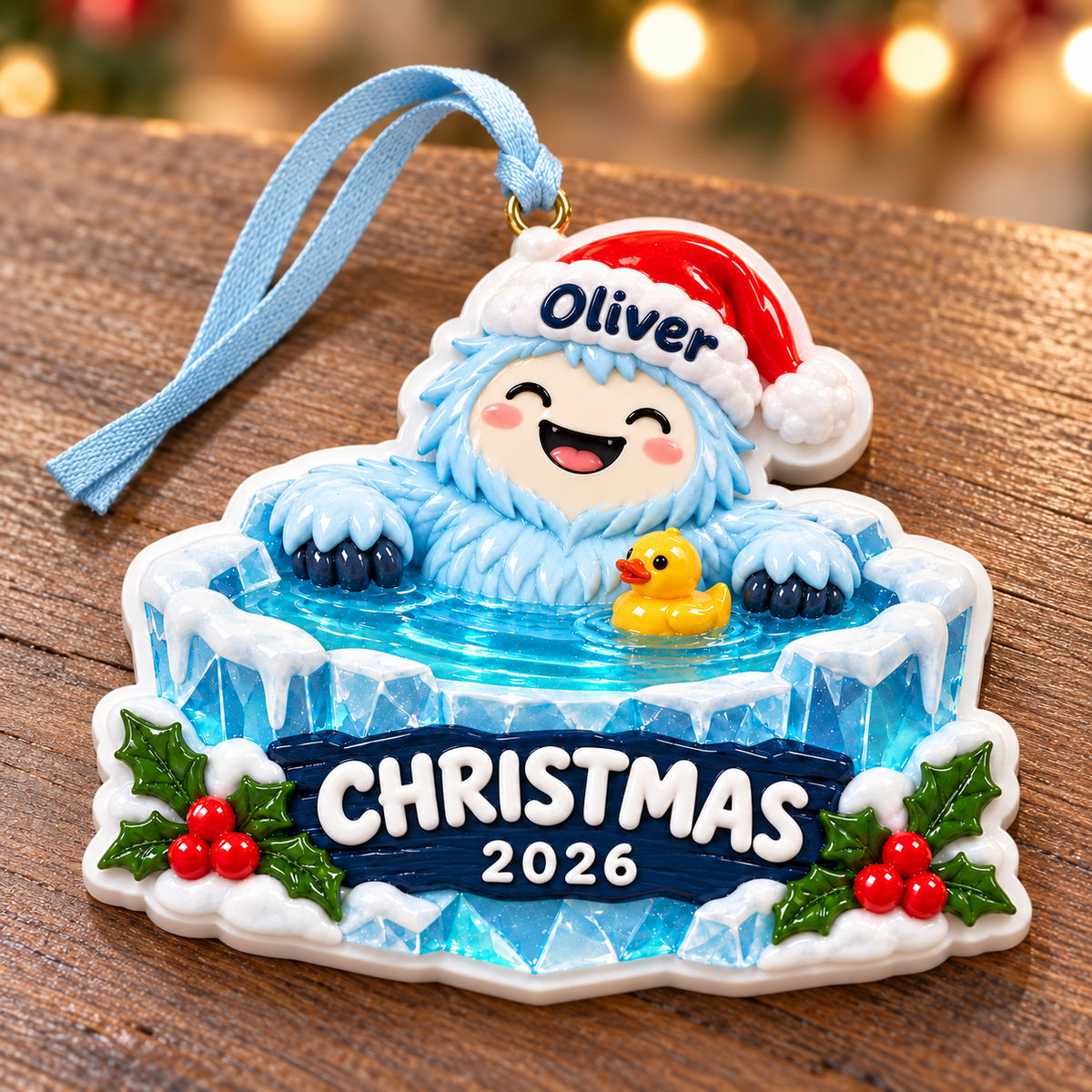 Cartoon Yeti in Ice Bath with Rubber Duck Holiday Keepsake - 3D Relief Ornament