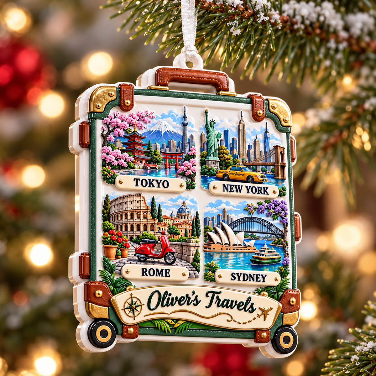 Travel Suitcase Luggage City Landmarks Hanging Holiday Keepsake - 3D Relief Ornament