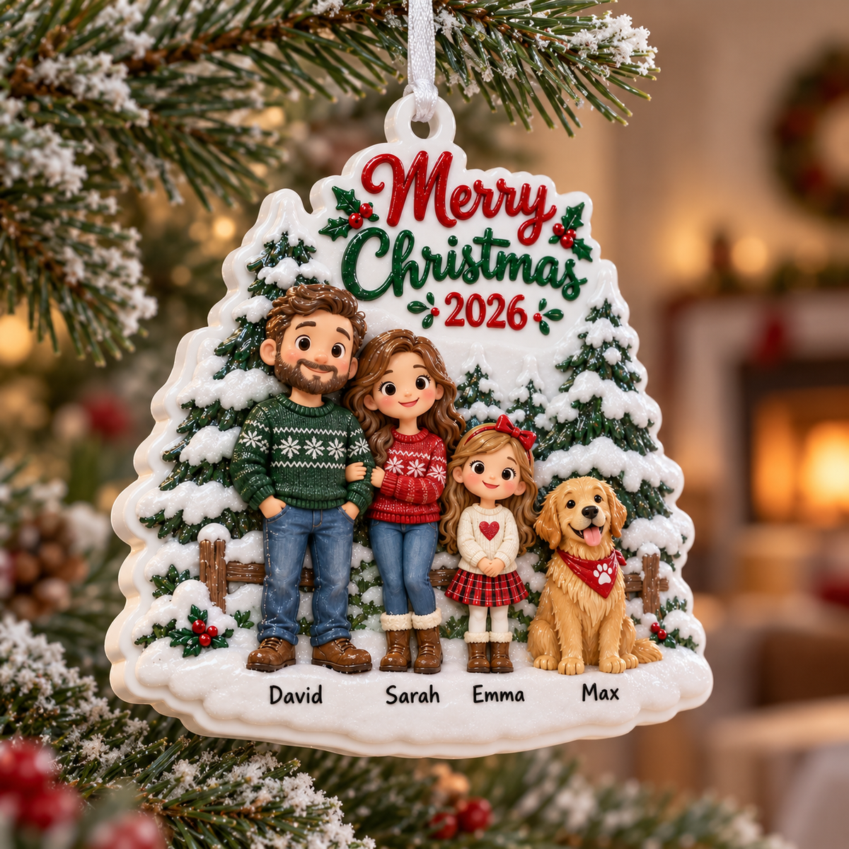 Family of Three with Dog Snowy Pine Tree Hanging Holiday Keepsake - 3D Relief Ornament