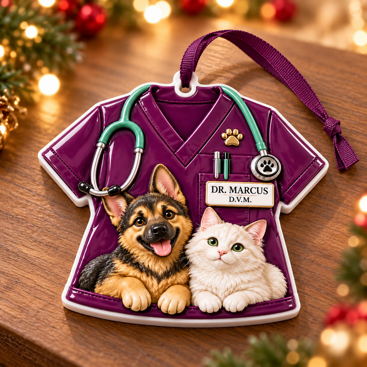 Veterinarian Scrub Uniform with German Shepherd Dog and White Cat - 3D Relief Ornament