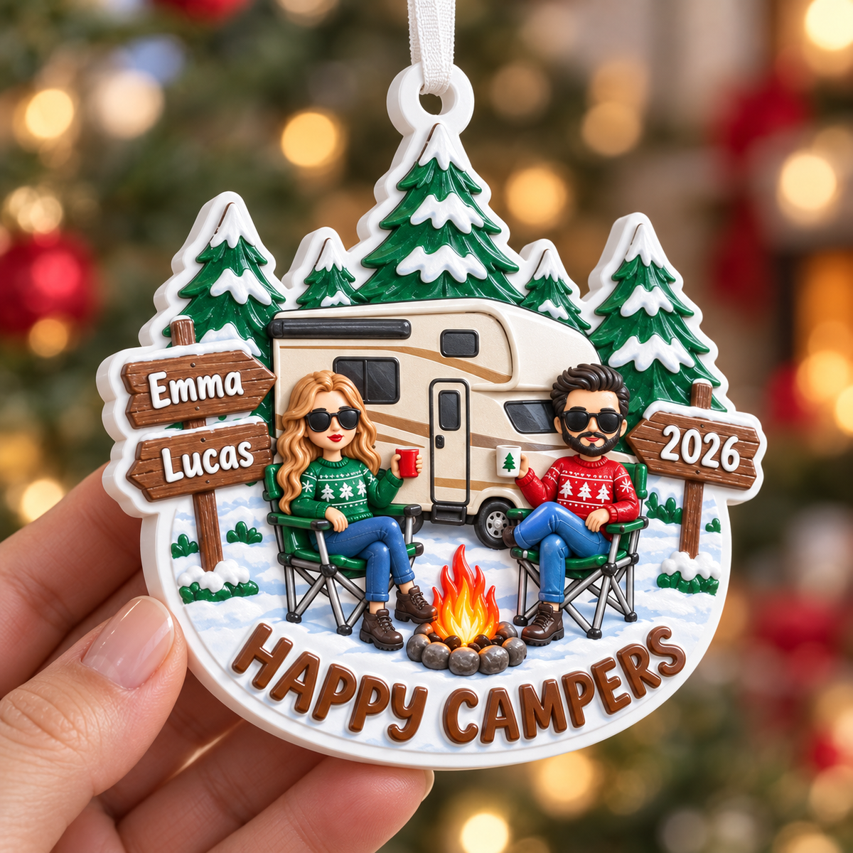 Holiday Tree Hanging RV Couple Campfire Winter Pine Forest Decor - 3D Relief Ornament