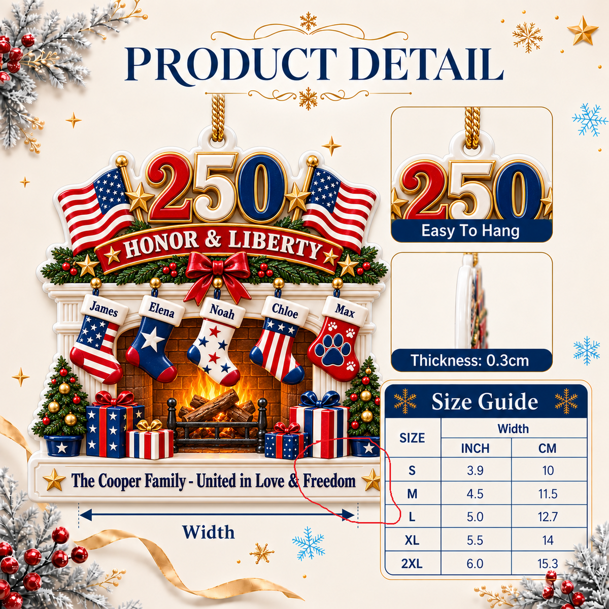 Patriotic Fireplace Christmas Tree Hanging Decor with American Flags - 3D Relief Ornament