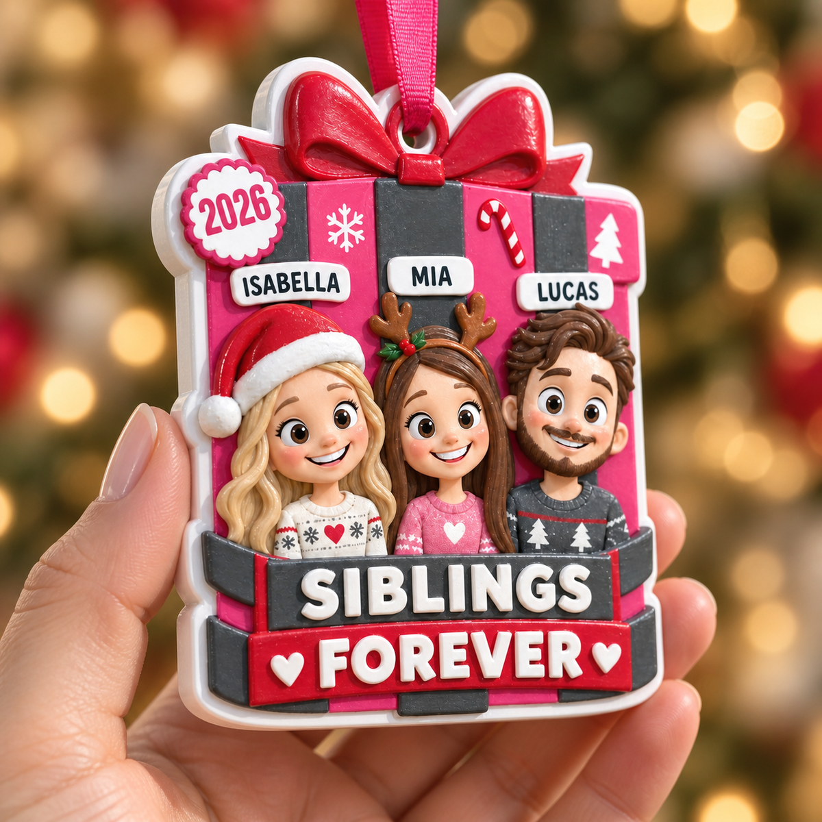 Siblings Forever Christmas Present Box Holiday Hanging Keepsake - 3D Relief Ornament
