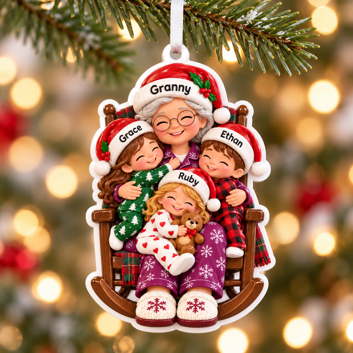 Grandmother with Grandchildren in Rocking Chair Holiday Keepsake - 3D Relief Ornament