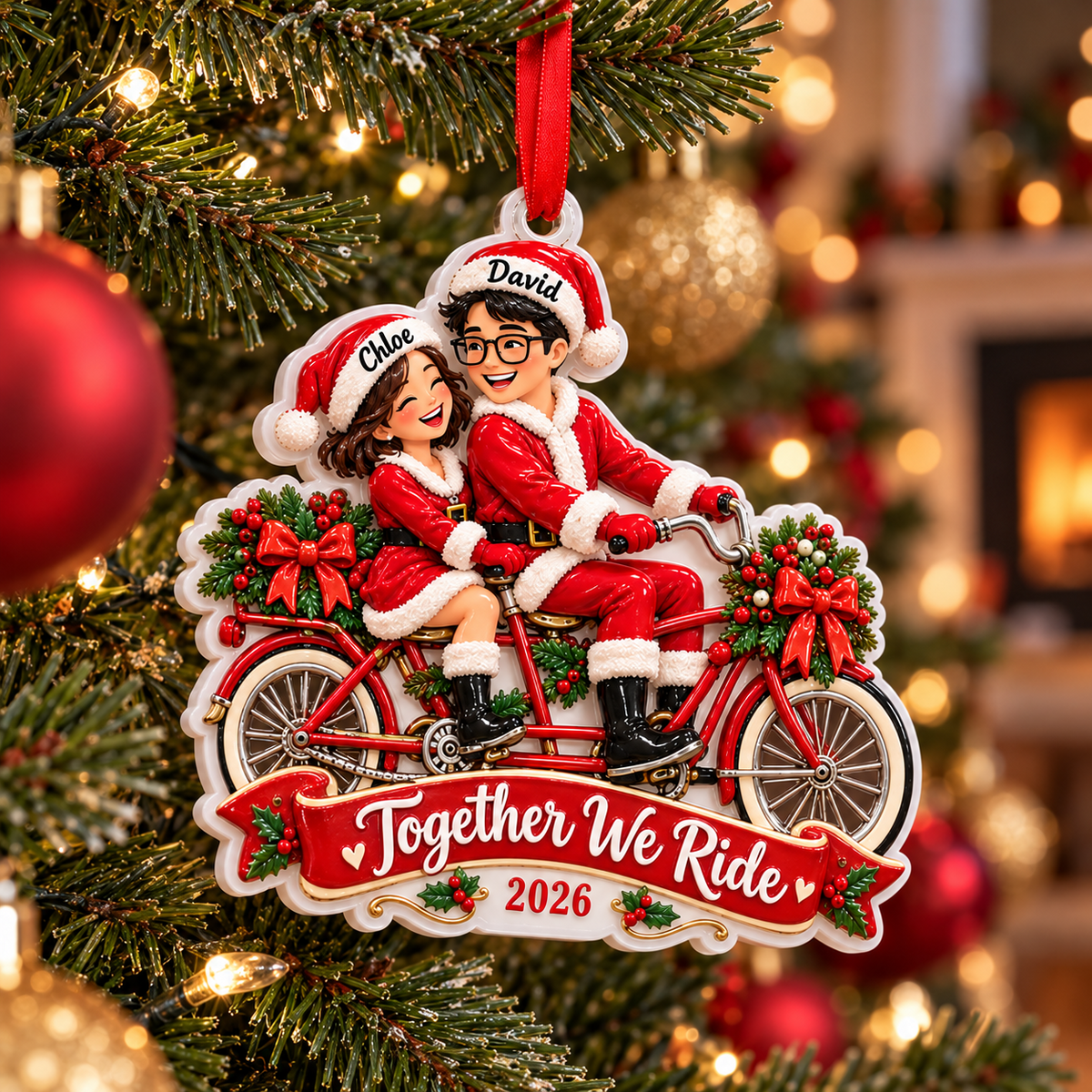 Couple Riding Tandem Bicycle Santa Holiday Keepsake - 3D Relief Ornament