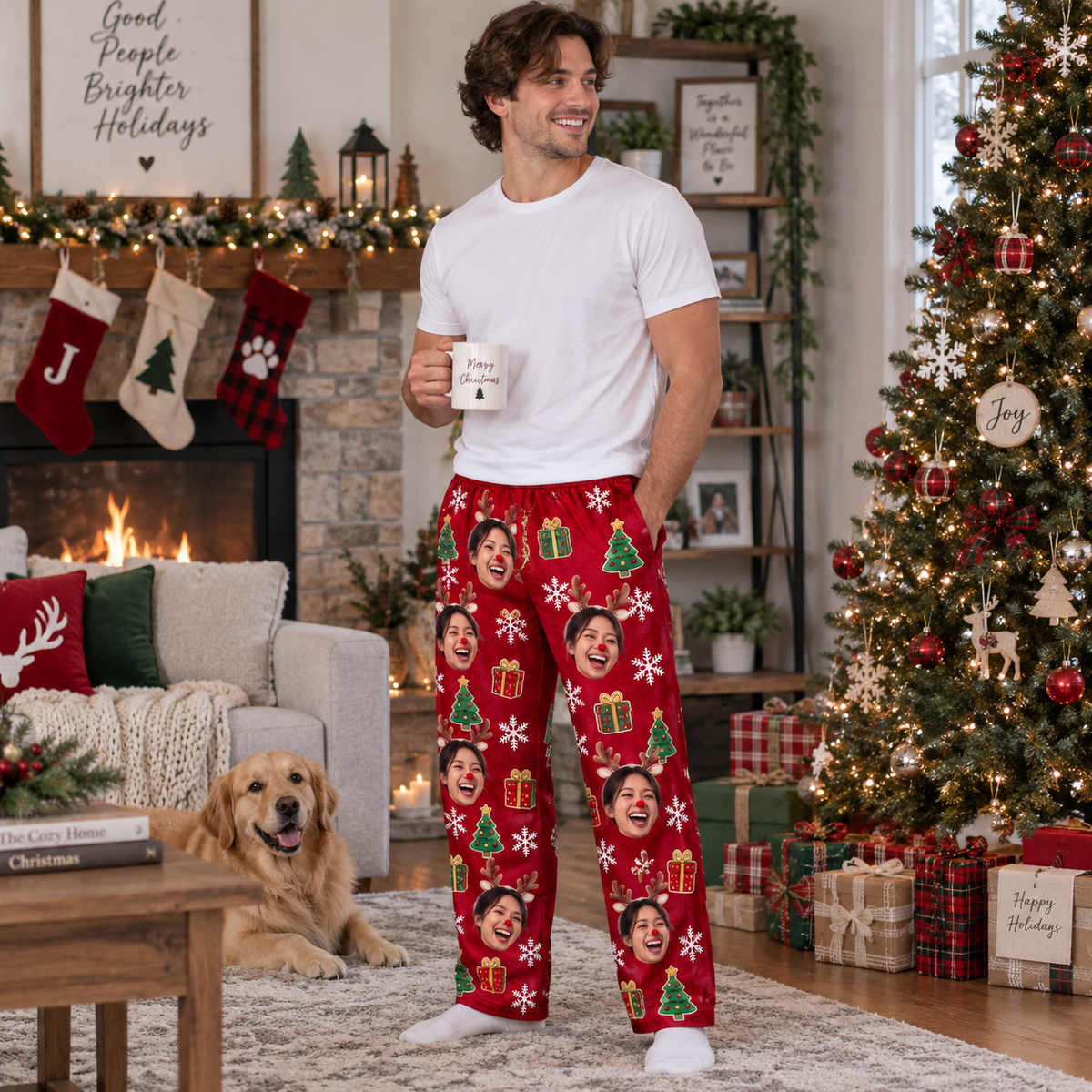 Mens Christmas Pajama Pants Red Holiday Graphic Print Lounge Bottoms