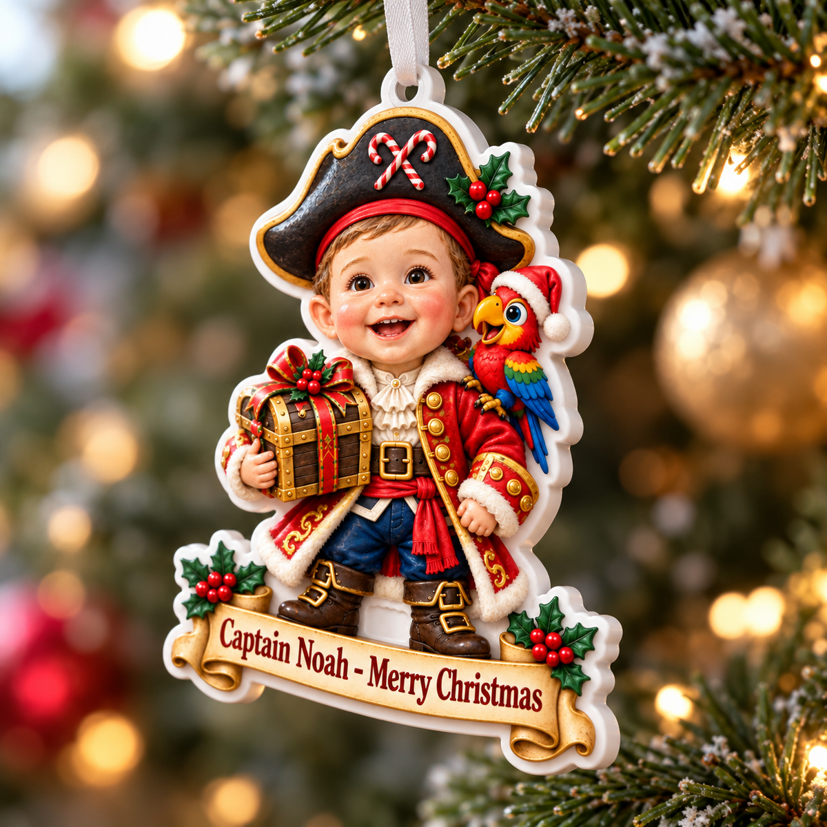 Little Pirate Boy with Parrot and Treasure Chest Acrylic Hanging Holiday - 3D Relief Ornament