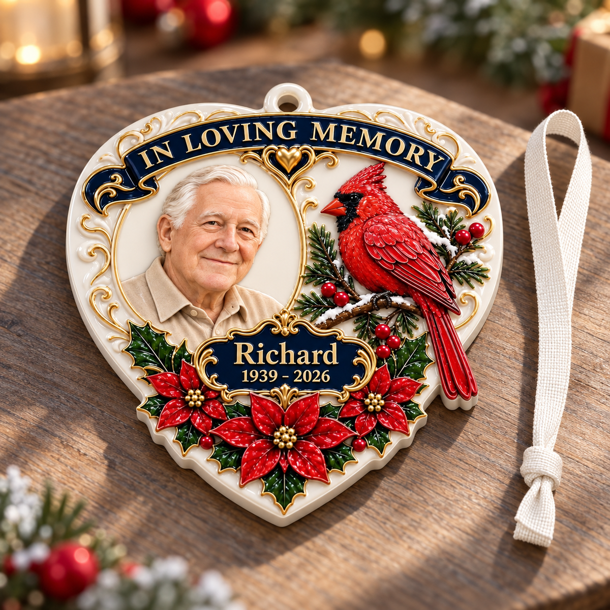 Heart Memorial Keepsake with Red Cardinal and Poinsettia Accents - 3D Relief Ornament