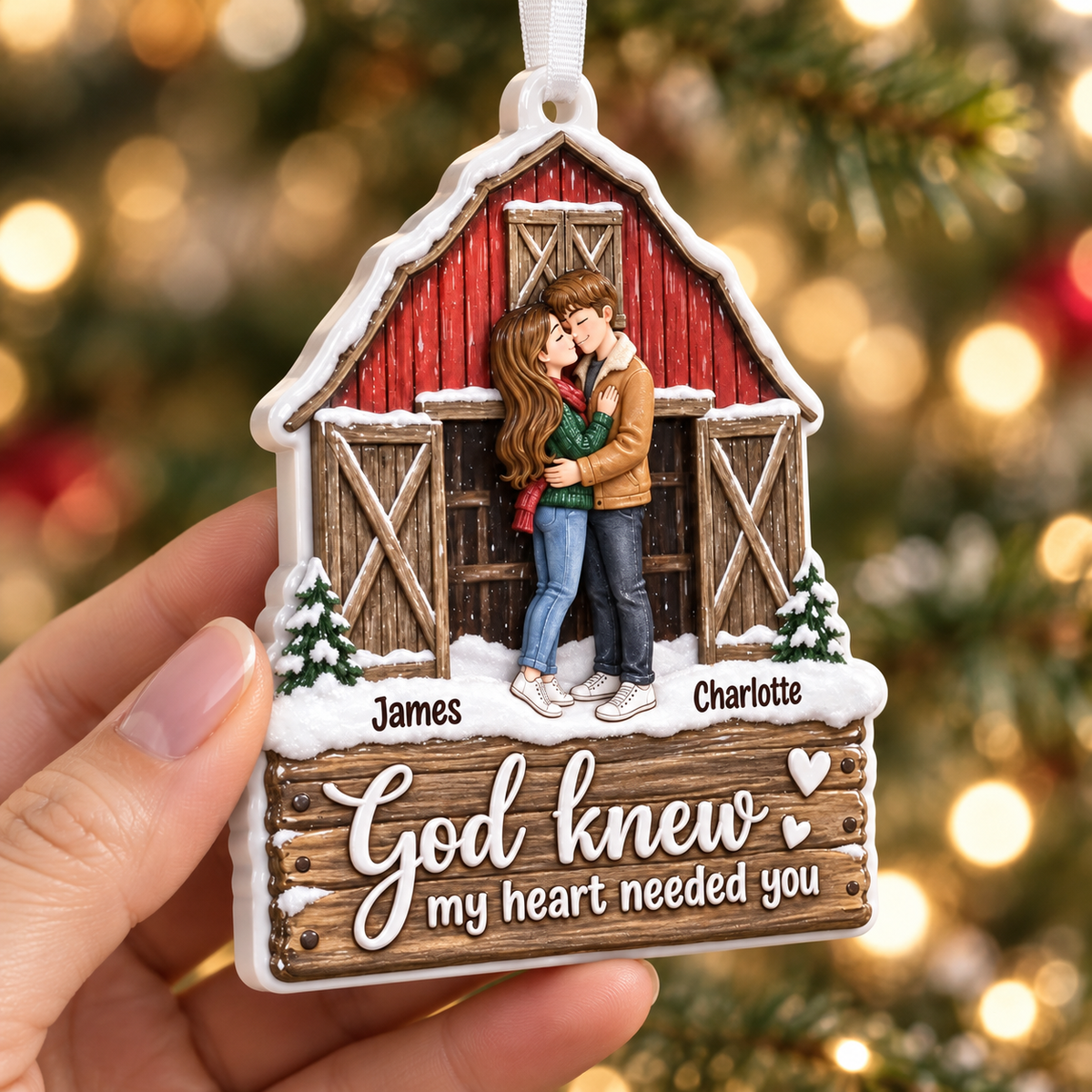 Couple Christmas Keepsake, Rustic Red Barn Farmhouse Holiday Hanging Decor - 3D Relief Ornament